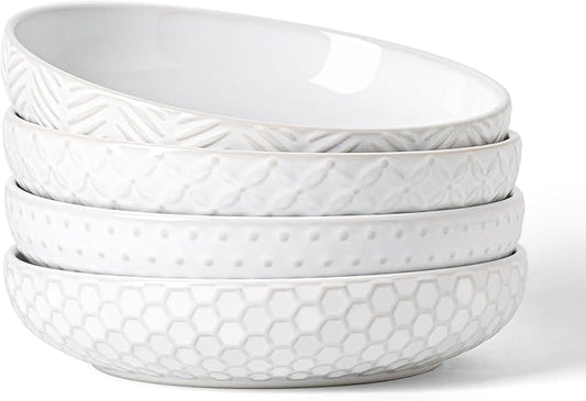 Embossed Ceramic Pasta Bowls, 42 oz Bowl Plates Set,9-Inch Large Serving Bowls Set of 4, Perfect for Pasta, Salad, Fruit, Sturdy&Stackable, Microwave & Dishwasher Safe