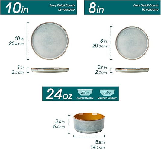 vancasso ONION Ceramic Plates and Bowls Sets, 24 Pieces Light Blue Dinnerware Sets for Kitchen, Reactive Glaze Dishes Set for 8, Dishwasher and Microwave Safe