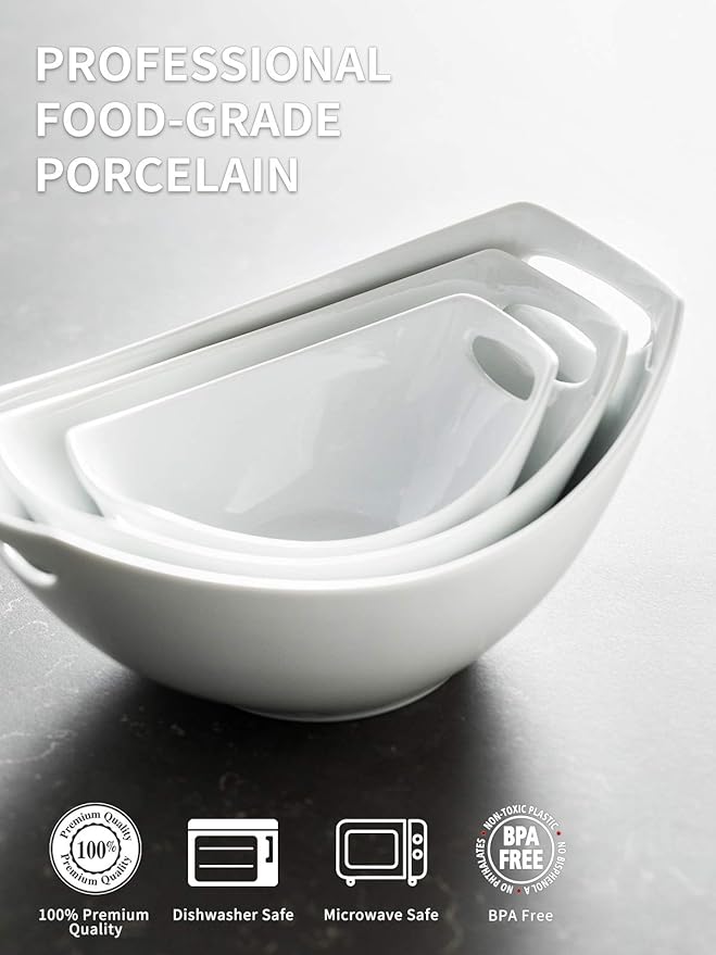 LAUCHUH Serving Bowls with Handles, Porcelain Serving Dishes White Nesting Bowls Mixing Bowl Set Salad Bowls for Entertaining, Party, Valentine's Day, Baby Shower, Set of 3, 15/28/49 oz