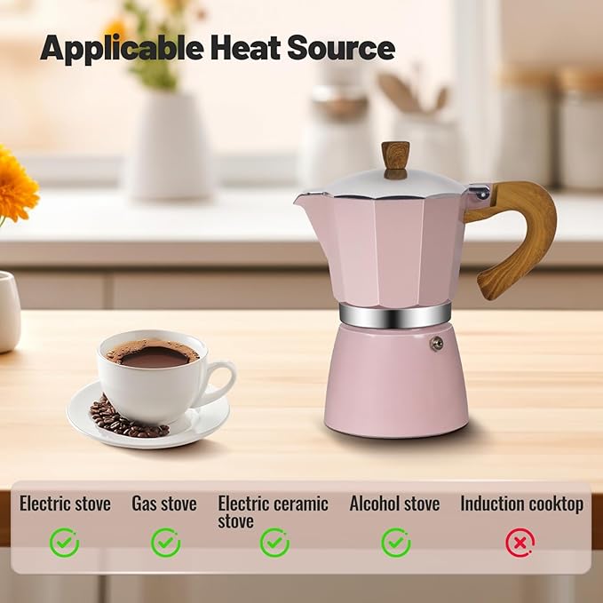 Vaolvpant 3 Cup Aluminum Moka Pot Classic Stovetop Espresso Coffee Maker 150ml 5oz Coffeemaker Percolator Mocha Pot Greca Coffee Maker Cafe Makers for Italian and Cuban Café Brewing Pink