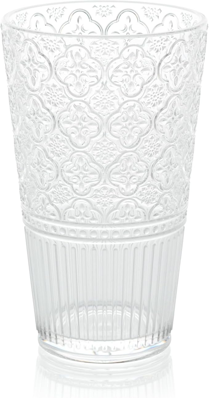 Victoria Clear Set of 6 Premium Acrylic Ice Tea Glass 22 oz – Unbreakable Glassware with Elegant Embossed Design, Dishwasher Safe for Indoor & Outdoor Use