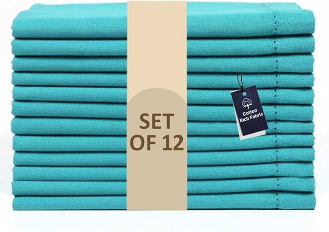 LFH Home Hemstitched Cloth Dinner Napkins 18x18 Inch Set of 12 - Reusable 100% Cotton Machine Washable Cocktail Napkins with Metered Corners for Daily, Party, Wedding, Bar Use - Teal