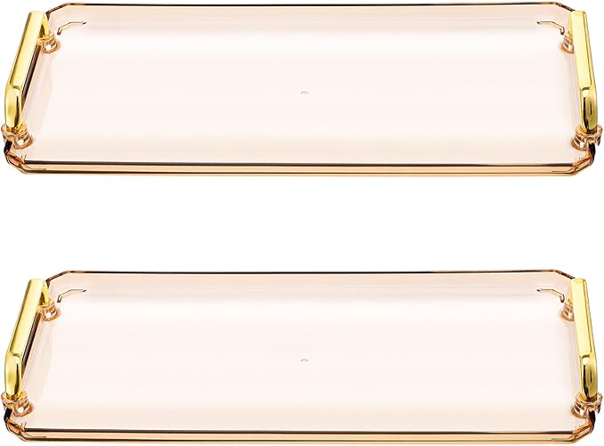 2PCS Serving Tray with Golden Handles, Reusable Plastic Decorative Trays for Party Kitchen Bathroom Dessert Table Cupcake Display, Modern Style Amber Drink Coffee Tea Tray for Countertop