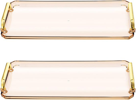 2PCS Serving Tray with Golden Handles, Reusable Plastic Decorative Trays for Party Kitchen Bathroom Dessert Table Cupcake Display, Modern Style Amber Drink Coffee Tea Tray for Countertop