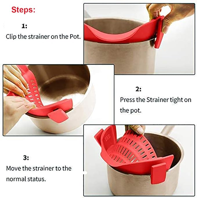 Snap Strainer, Clip on Strainer for Pots Pans, Hands-free Clip-on Heat Resistant Silicone Colander Pour Spout for Pasta Vegetable Noodles, Colander and Sieve Snaps On Pots Bowls Pans