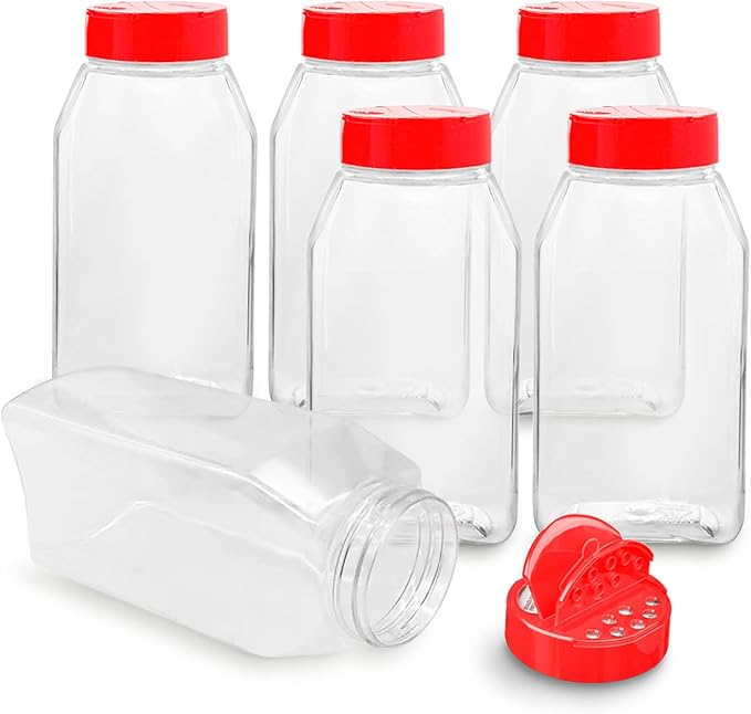 RoyalHouse 6 Pack 32 Oz Plastic Spice Jars with Red Cap, Clear and Safe Plastic Bottle Containers with Shaker Lids for Storing Spice, Herbs and Seasoning Powders, BPA Free, Made in USA
