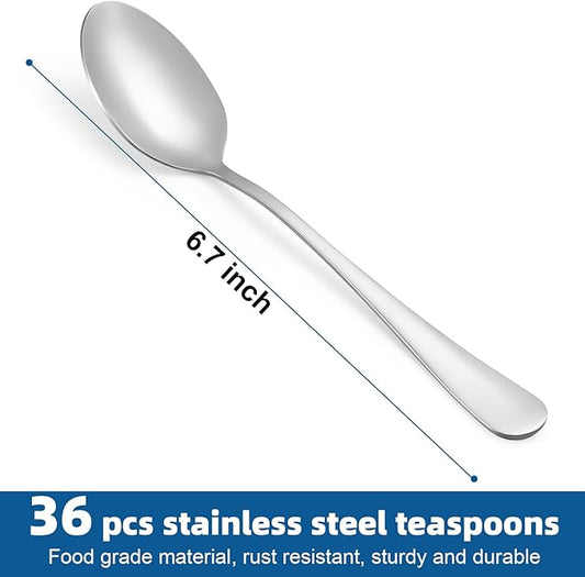 36 Pcs Teaspoons Set, Food-Grade Stainless Steel Spoons Silverware, Cutlery Tea Spoons, Durable Dessert Spoons, Metal Spoon for Home, Kitchen or Restaurant, Mirror Polished, Dishwasher Safe 6.7 Inch