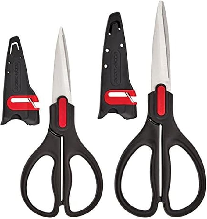 Farberware All Purpose and Utility scissors with Edgekeeper Sharpening Sheaths, Strong and Durable Multi Use Scissors, 2-Piece, Black/Red
