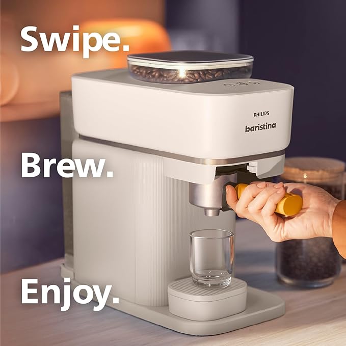 Philips Baristina Espresso Machine - Real espresso, made simple. Compact coffee machine, natural white with ash wood portafilter, 16 bar pump pressure, automatic grinder, Cafe Crema (BAR302/20)