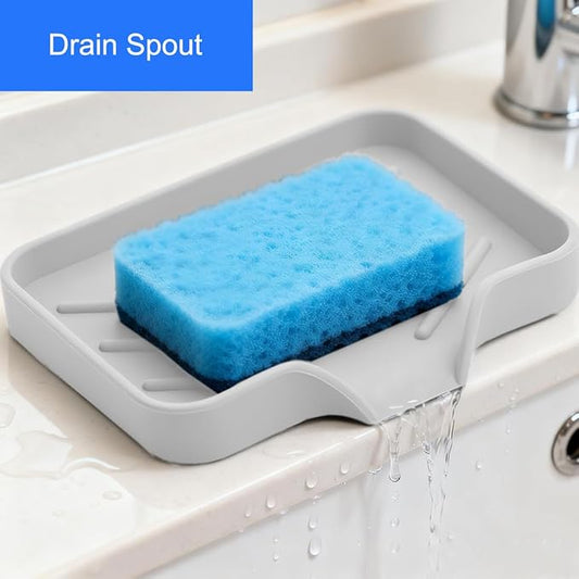 Sponge Holder with Drain Spout, Silicone Sponge Tray for Kitchen Sink, Rubber Soap Dish for Shower Bathroom (Beige, 4.7" x 3.6")