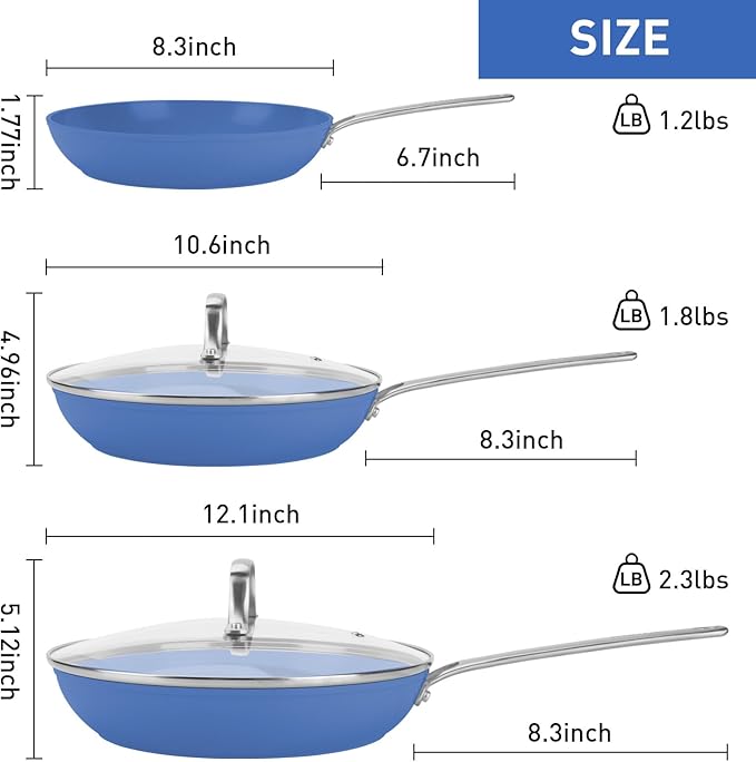 MsMk 5-Piece Ceramic Non Stick Pans Set 8, 10, 12 Inch Frying Pans, 10inch and 12 Inch with Tempered Glass Lids, Stay-Cool Handles, Oven Safe 700℉, Compatible with All Cooktops