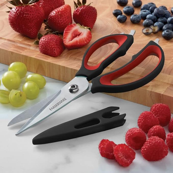 Farberware 4-in-1 Kitchen Scissors with Sheath, Multi-Use Kitchen Shears for Cutting, Jar Opener, Bottle Opener, Flathead Screwdriver - Stainless Steel Blades, 2-Piece Set (Black/Red)
