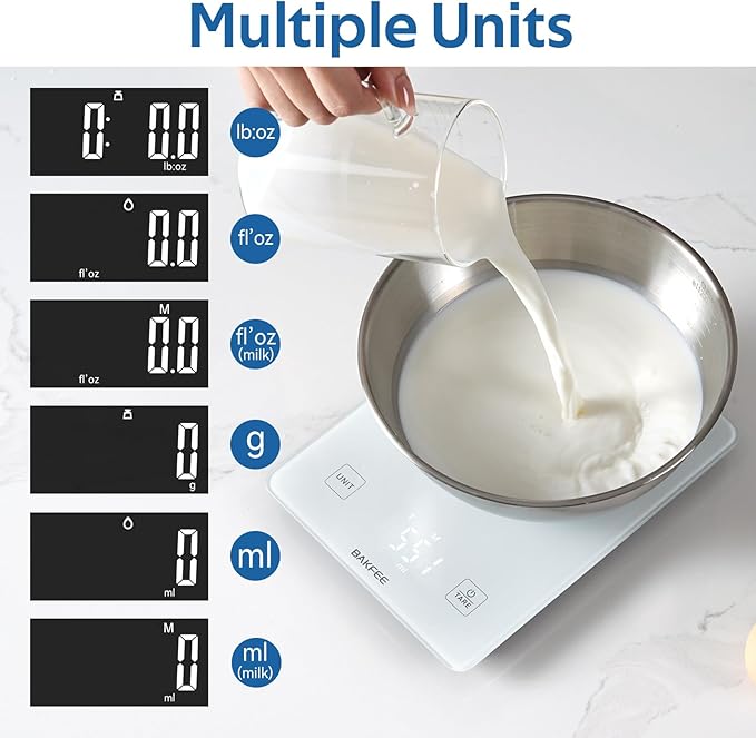 BAKFEE IP67 Waterproof Food Scale with Tempered Glass Surface, 22lb Kitchen Scale 1g Precision, USB Rechargeable, LED Display, Grams and Ounces, for Baking, Cooking, Making Sourdough Bread. White