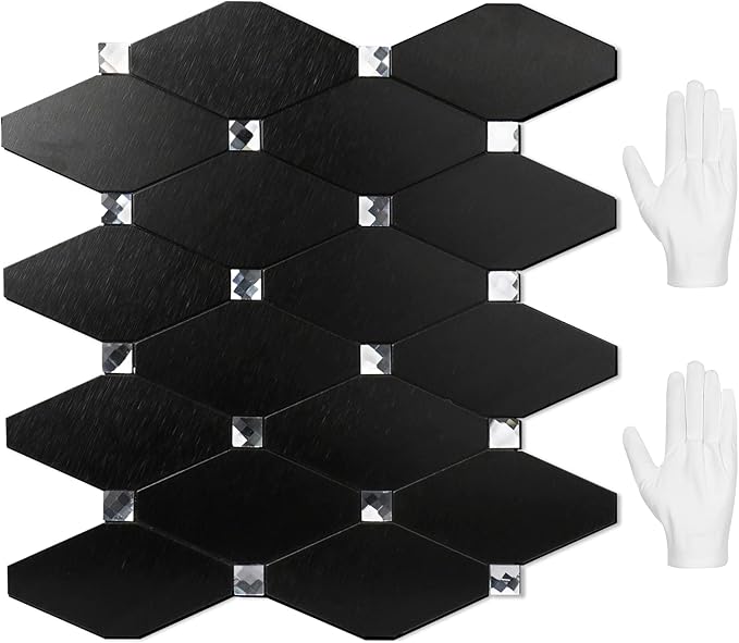 STICKGOO Peel and Stick Backsplash, 10 Sheets Kitchen Mosaic Tile Sticker, Black Brushed Aluminum Composite Panel, Stick on Backsplash for Kitchen, Countertop, Bathroom Vanity