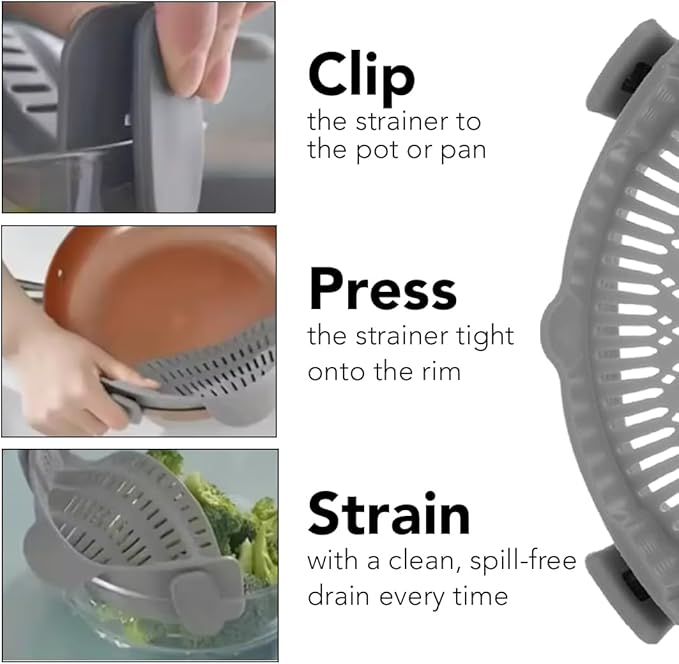 Clip‑On Pot Strainer Silicone Black Dishwasher‑Safe Side‑Mount Design 9.4×4.6×2.5 Inches | Snap Drain Colander for Pans Bowls Skillets | Heat‑Resistant Kitchen Gadget Splash‑Guard