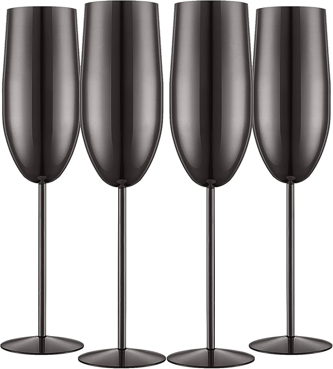 Stainless Steel Champagne Flutes Set of 4-Wedding &Birthday Gifts,8.5 Oz Unbreakable Champagne Glass with Long Stem,Reusable Indoor Outdoor Drinkware (Black)