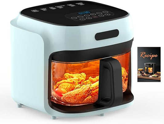 Glass Air Fryer, 7.8QT with Transparent Fry Bowl, Circulating Heating, Temperature Control, Air Fryer Roast, Dishwasher Safe (Green)