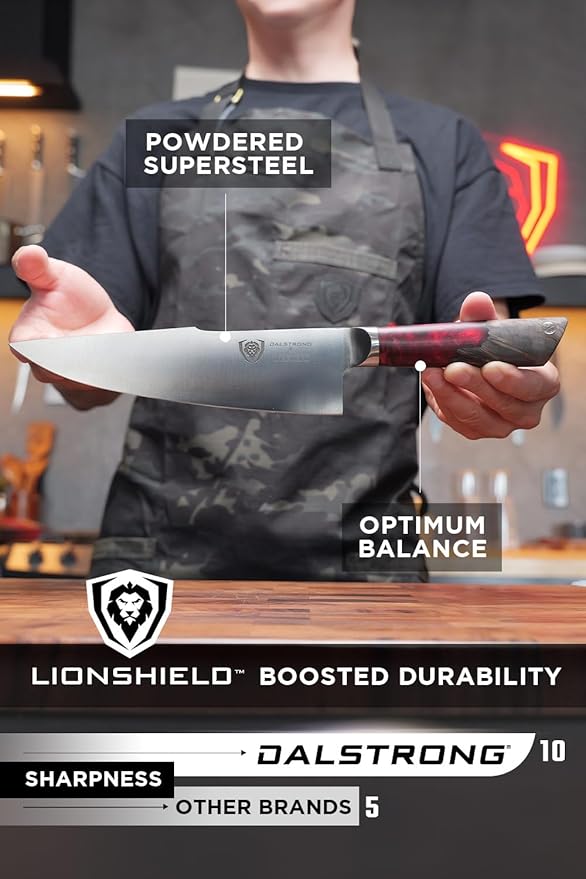 Dalstrong Chef Knife - 8 inch - Spartan Ghost Series - American Forged S35VN Powdered Steel Kitchen Knife - Maple & Red Resin Handle - Razor Sharp Cooking Knife -Sheath Included