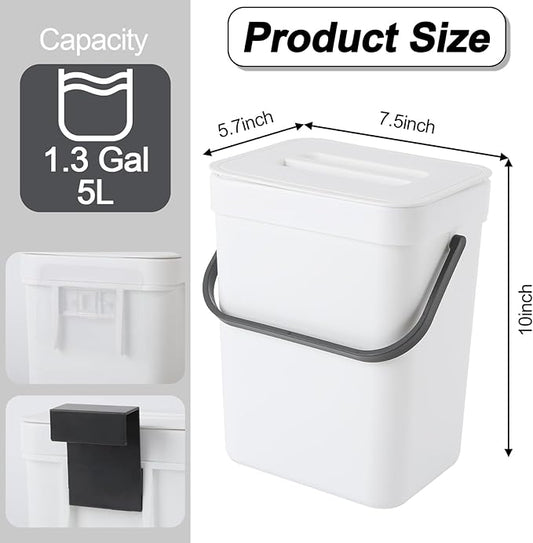 Compost Bin Kitchen, Includes 100 Trash Bags, Hanging Trash Can with Lid, Features Pet-Proof, Odor-Proof, and Quiet Opening/Closing. Suitable for Bathrooms/Bedrooms/Offices (White, 1.3Gal/5L)