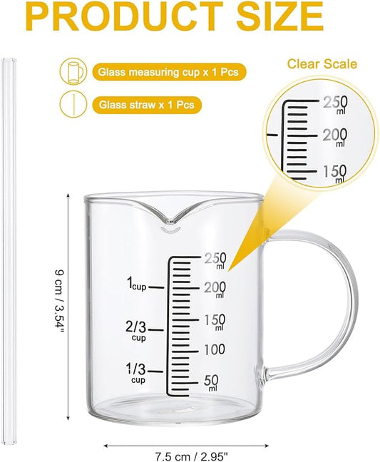 PATIKIL 250ml Glass Measuring Cup, Borosilicate Glass Beaker Graduated Liquid Measure Cups with Straw V-Shaped Spout for Kitchen Drinking Restaurant, Black Printed Scale