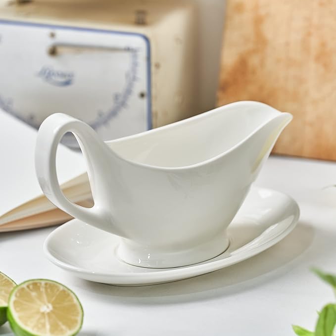 Gravy Boat with Saucer - 16oz Fine Porcelain Sauce & Salad Dressing Boat (White)