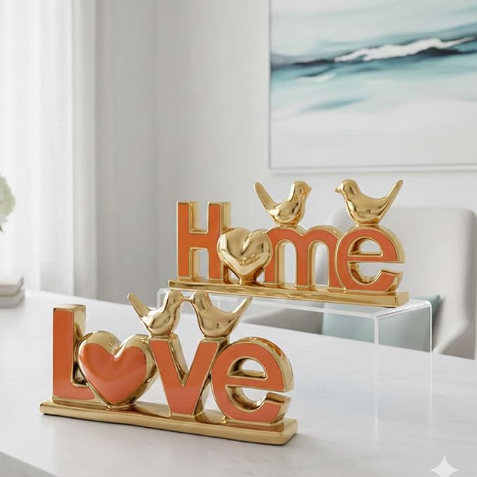 Love Sign Decor,Gold Room Decor Aesthetic, Knick Knack Shelf,Bird Decor, Boho Bookshelf,Abstract Statue,for Living Room,Bedroom, Contemporary Tv Stand Set of 2 (2, Gold Orange)