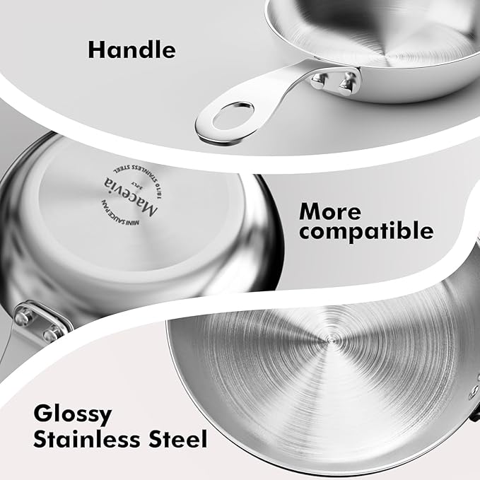 Macevia 0.12QT Mini Pot for Precision Melting, 4 Inch Small Sauce Pan with Handle, 18/10 Stainless Steel Butter Warmer Ideal for Kitchen, Restaurant, Camping & RV Use - Silver