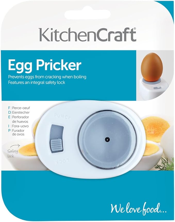 KitchenCraft Egg Pricker with Built-in Safety Lock, Plastic, White, 5.5 x 7.5 x 3 cm