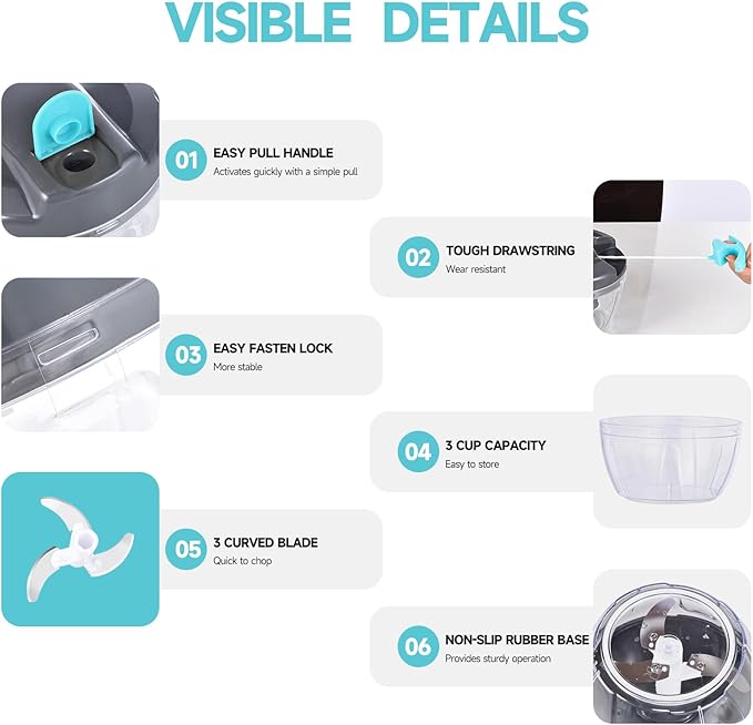 Ziweaye Manual Food Processor Vegetable Chopper, Portable Hand Pull String Garlic Mincer Onion Cutter for Veggies, Ginger, Fruits, Nuts, Herbs, etc., 500ml,（Gray-blue）