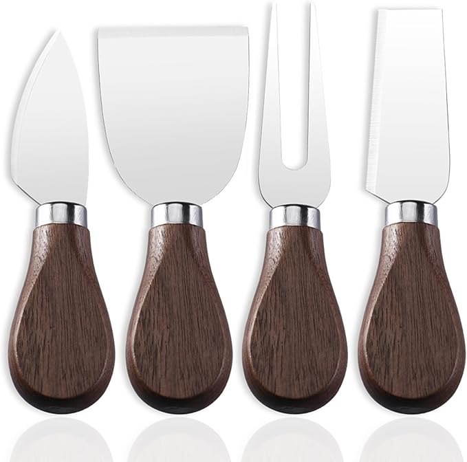 4-Piece Set of Stainless Steel Cheese Knives with Wood Hand, Including Cheese Slicer and Cheese Cutters, Essential Cheese Tools for the Kitchen (Walnut handle, Silver)