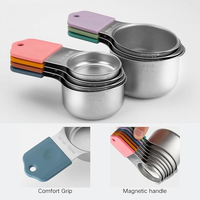 Magnetic Measuring Cups and Spoons Set 16Pcs, 304 Stainless Steel with Multicolor Silicone Handles, 7 Cups + 8 Spoons + 1 Leveler for Baking and Cooking