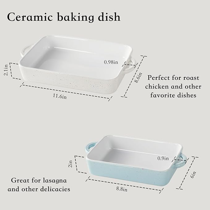Family of chefs casserole dishes set for oven, 2Pcs rectangular baking dish, Durable Lasagna & cake for kitchen, Non-stick ceramics bakeware with handle, Microwave & Dishwasher safe.