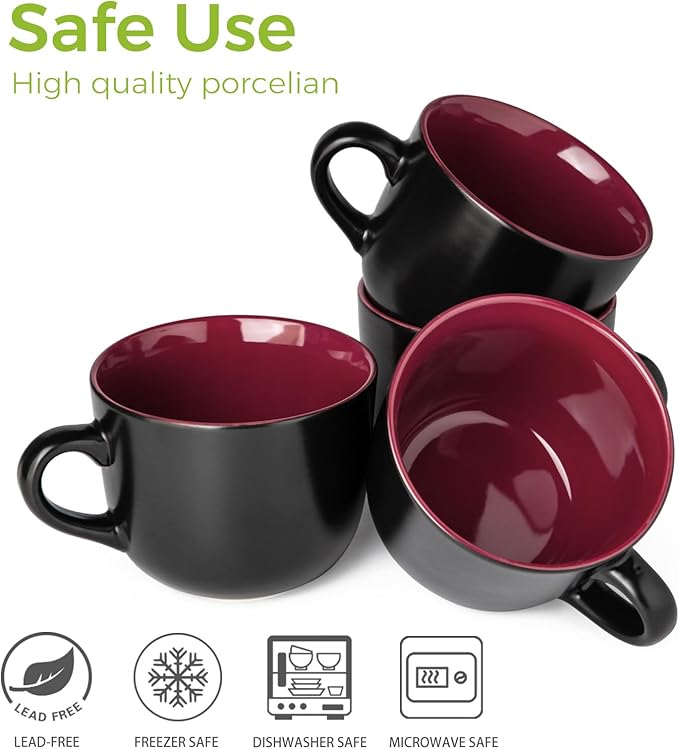 GBHOME Jumbo Soup Mugs with Handles, 24 Oz Large Coffee Mugs Set of 4, Ceramic Soup bowls for Coffee,Cereal,Snacks,Salad,Noodles etc Soup Cups,Microwave&Dishwasher safe-Red Inside