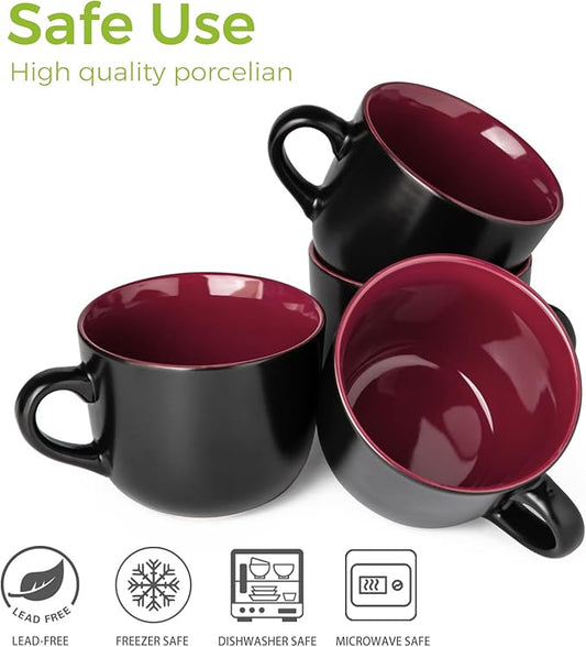 GBHOME Jumbo Soup Mugs with Handles, 24 Oz Large Coffee Mugs Set of 4, Ceramic Soup bowls for Coffee,Cereal,Snacks,Salad,Noodles etc Soup Cups,Microwave&Dishwasher safe-Red Inside