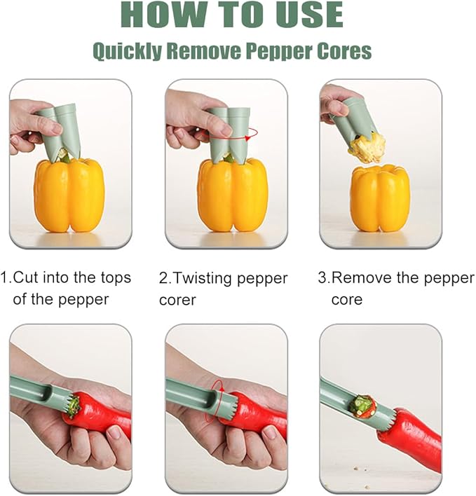 Pepper Seed Corer Remover Tool, Bell Pepper Cutter and Quick Cave Tool, Jalapeno Red Green Peppers Corer Cutter Deseeder, 2 in 1 Fruit & Vegetable Core