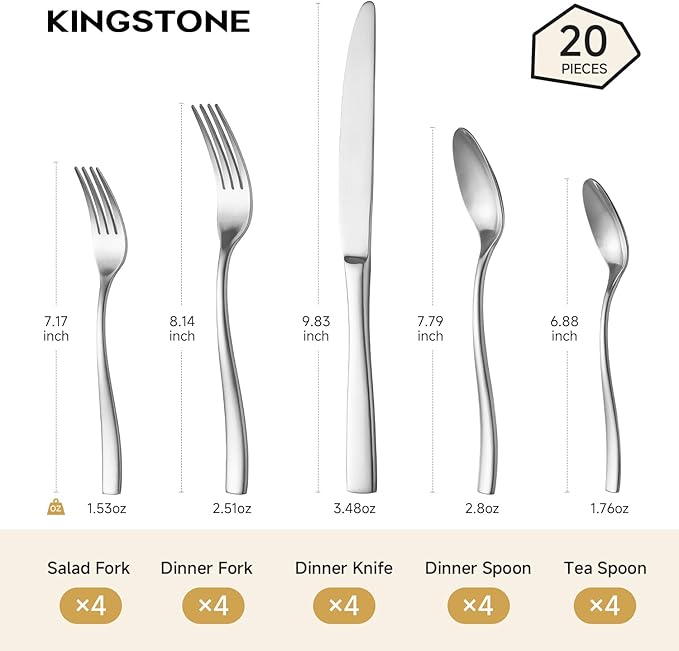 KINGSTONE Silverware Set for 4, 20-Piece Stainless Steel Matte Finish Flatware Set with Forks, Knives, Spoons, Dishwasher Safe Cutlery Set for Home, Wedding, Rust-proof
