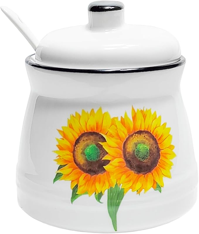 Sunflower Sugar Container Ceramic Sugar Bowl with Lid and Spoon Sugar Jar for Coffee Bar Kitchen Decor and Accessories 12oz (Sunflower)