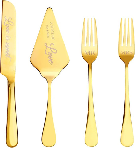 GURUDAR Wedding Cake Knife and Server Set with Forks for Bride and Groom, 4 Pieces Mr and Mrs Wedding Cake Cutting Set For Bridal Shower Gifts Couple Engagement Birthday Anniversary, Gold