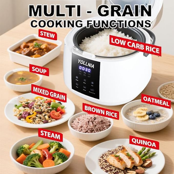 Yollnia 3L Rice Cooker 12 cups (Cooked), Mini Digital Rice Cooker,6 in 1 Multicooker for Grain, Preset and Reheat Options, 12-Hr Delay Timer, Auto Keep Warm, Non-Stick Inner Pot with Steaming Basket