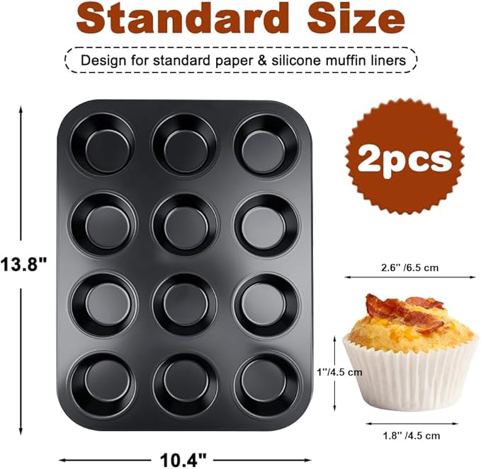 Smile Tree Muffin Pan & Cupcake Pan Set, 2 Pack 12-Cup Muffin Pans for Baking with 120 Cupcake Liners, Nonstick, Heavy-Duty Steel, Scratch-Resistant, Easy Release for Family & Party Baking (Black)