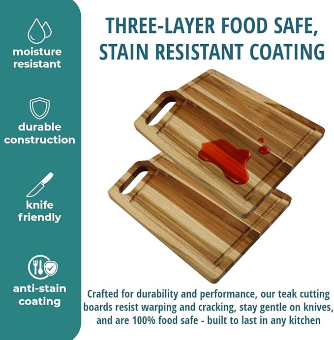 EcoDecors 3 Piece Teak Wood Cutting Board Set, FSC Certified Edge Grain Wood with Juice Groove and Handle, Serving Boards for Chopping and Carving