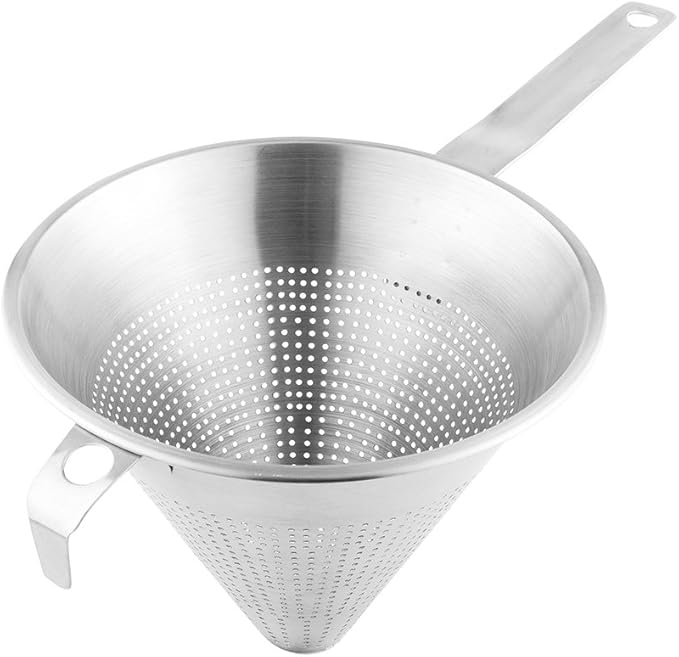 Restaurantware-Met Lux 16.5 Inch x 9 Inch x 8.5 Inch Cone Strainer, 1 With Hook Steel Strainer - Cone-Shaped, Ergonomic, Stainless Steel China Cap Strainer, For Straining Seeds, Beans, Sauces And More