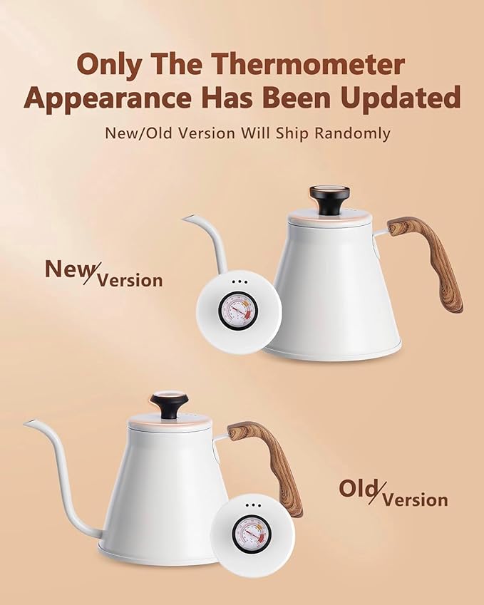 Gooseneck Kettle with Thermometer for Pour Over Coffee and Tea, 37 fl oz, Stainless Steel, Durable 3-Layer Base, Ideal Spout for Precision Pouring, Compatible with all Stove Tops (White)