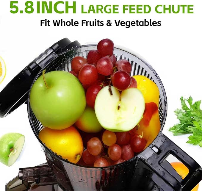 EanOruus Cold Press Juicer, 5.8" Wide Feed Chute Juice Extractor Machine with 400W, High Juice Yield, Slow Masticating Juicer for Whole Vegetables & Fruits, Grey