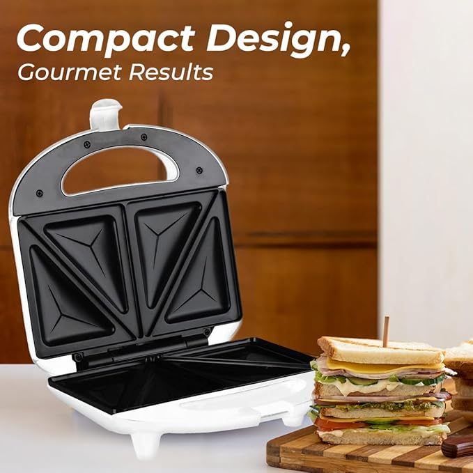 Sandwich Maker, Ideal for Making Sandwiches, Grill Cheeses, French Toast, and More, Non-Stick Sandwich Maker with Automatic Thermostat, 820-Watt Motor, Easy to Clean, White, SKM- 800 B