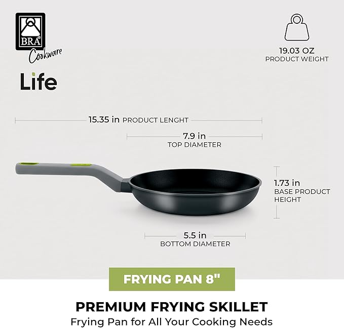 BRA COOKWARE Life Ceramic Nonstick Frying Pan | 8 Inch Recycled Cast Aluminum Skillet | Ceramic Non-Stick Fry Pan | PFOA Free Searing Skillet | All Cooktops (incl. Induction) | Soft-Touch Handle