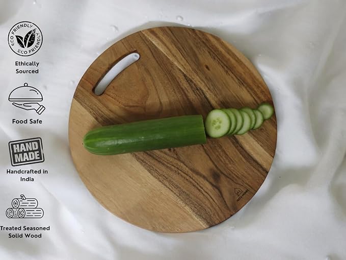 Vesta Homes Wooden Round Cutting Board | 12 * 12 Inches | Chopping Board/Serving Platter for Pizza, Vegetables, Fruits, Cheese and Charcuterie | Natural Acacia Wood | Handcrafted in India