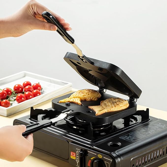 Joyzan Taiyaki Cake Pan, Fish Shaped Non stick Waffle Maker Double Pancake Baking Japanese Plate Stainless Steel Bread tool Handle Home Cooking Snacks DIY Desserts Party Electric Stovetop Gas Stove