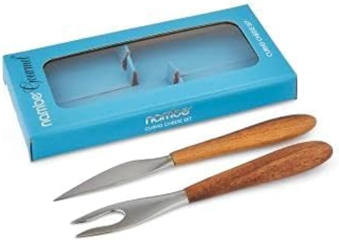 nambe Curvo Cheese Set | Cheese Knife and Fork Utensil Set for Charcuterie Board | Made of Stainless Steel and Acacia Wood | Designed by Steve Cozzolino