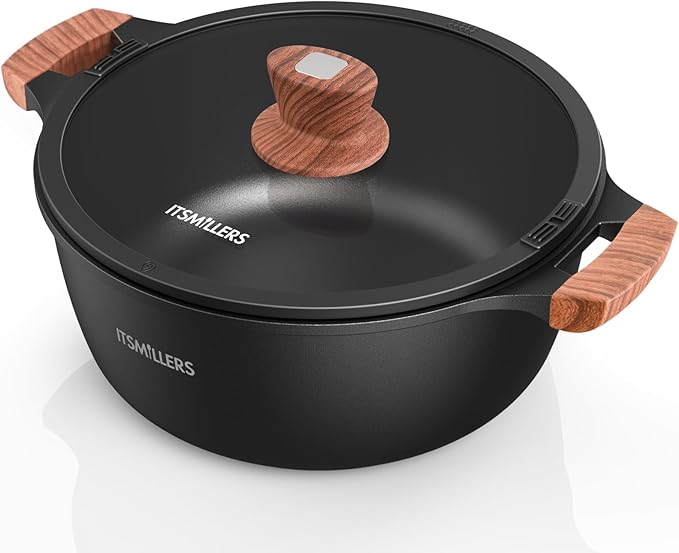ITSMILLERS Nonstick Stock Pot,6.5 Qt Elegant Aluminum Ceramic Casserole with Pour Spout Lid, Induction Bottom